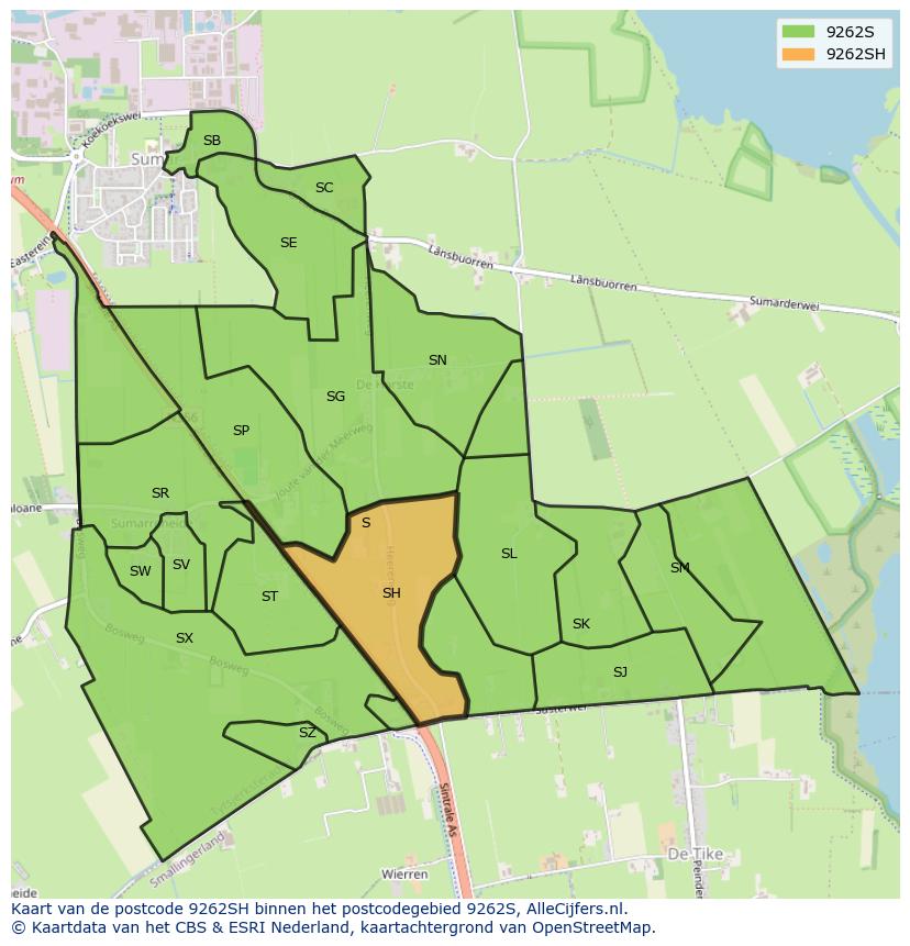 Afbeelding van het postcodegebied 9262 SH op de kaart.