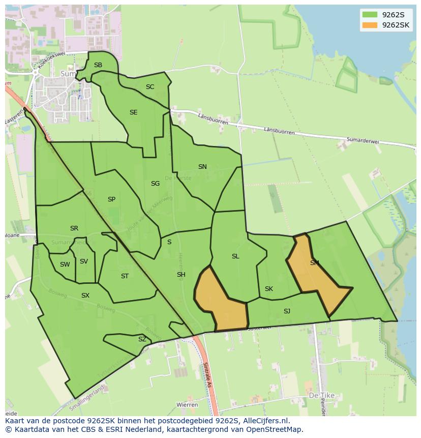 Afbeelding van het postcodegebied 9262 SK op de kaart.