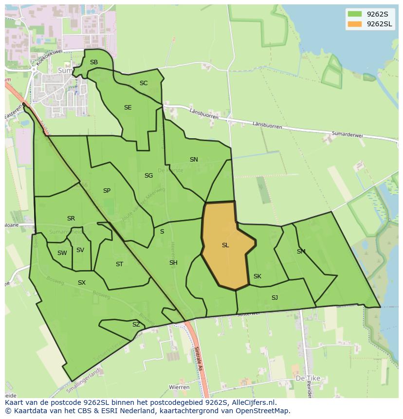 Afbeelding van het postcodegebied 9262 SL op de kaart.