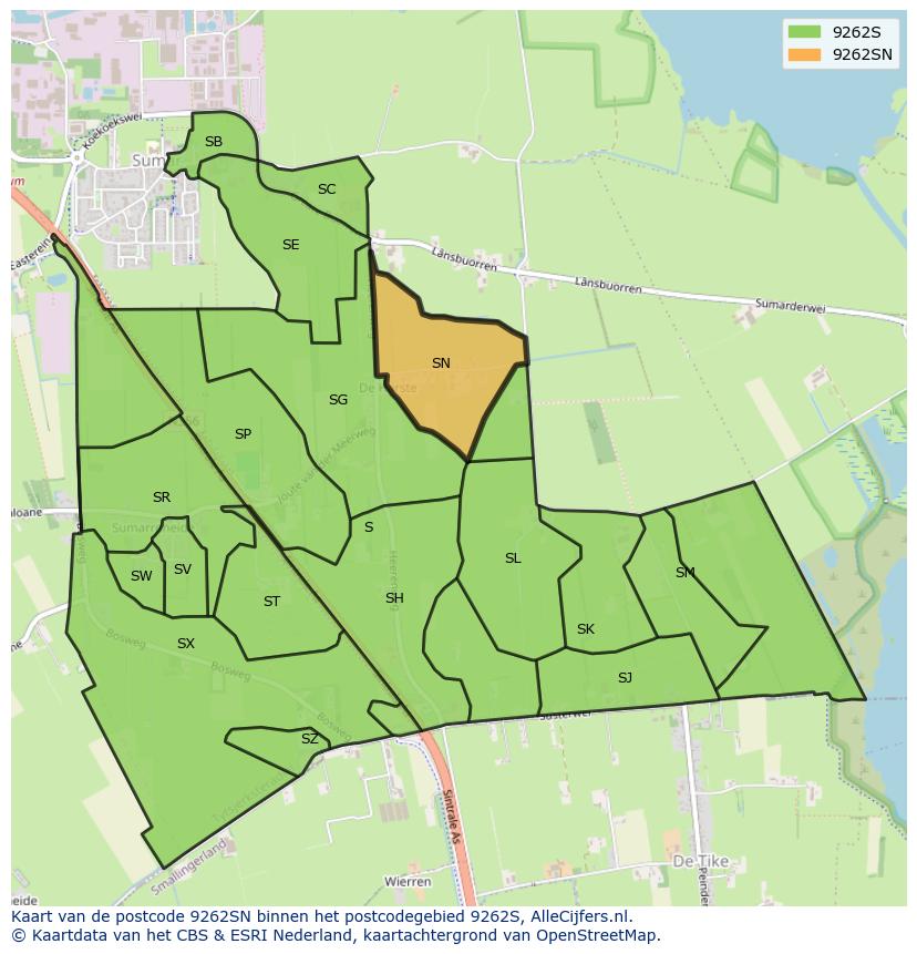 Afbeelding van het postcodegebied 9262 SN op de kaart.