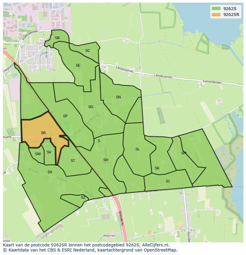 Afbeelding van het postcodegebied 9262 SR op de kaart.