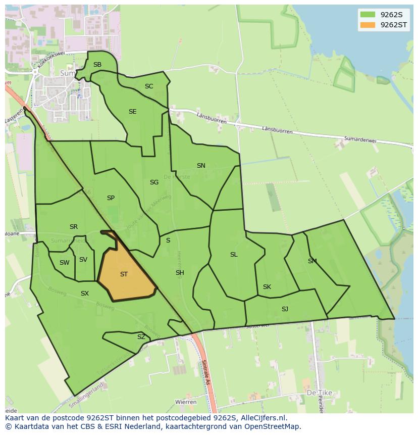 Afbeelding van het postcodegebied 9262 ST op de kaart.