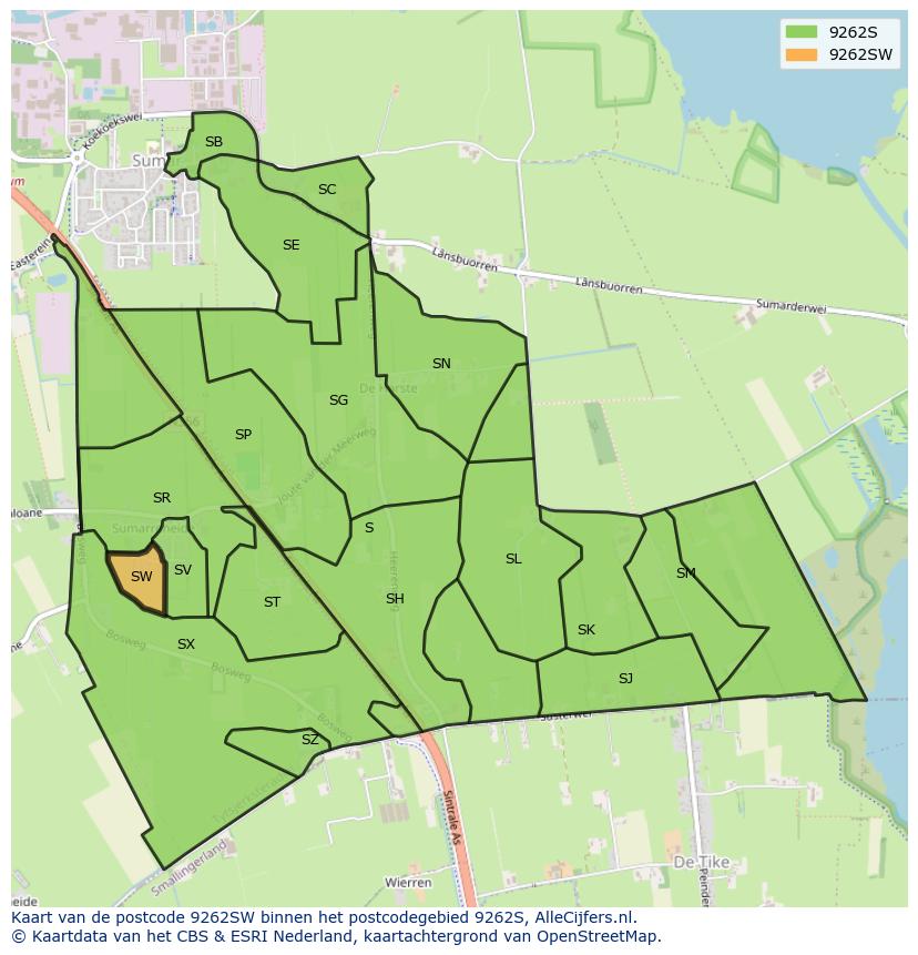 Afbeelding van het postcodegebied 9262 SW op de kaart.