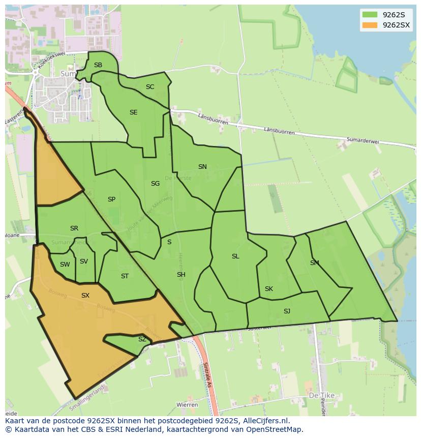 Afbeelding van het postcodegebied 9262 SX op de kaart.