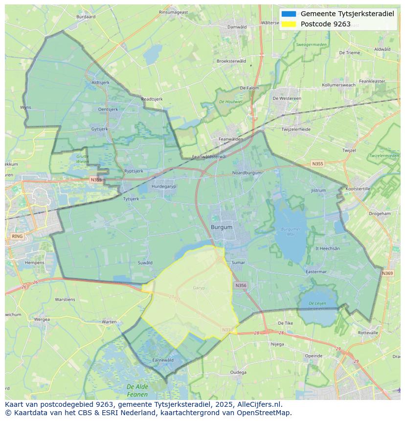 Afbeelding van het postcodegebied 9263 op de kaart.