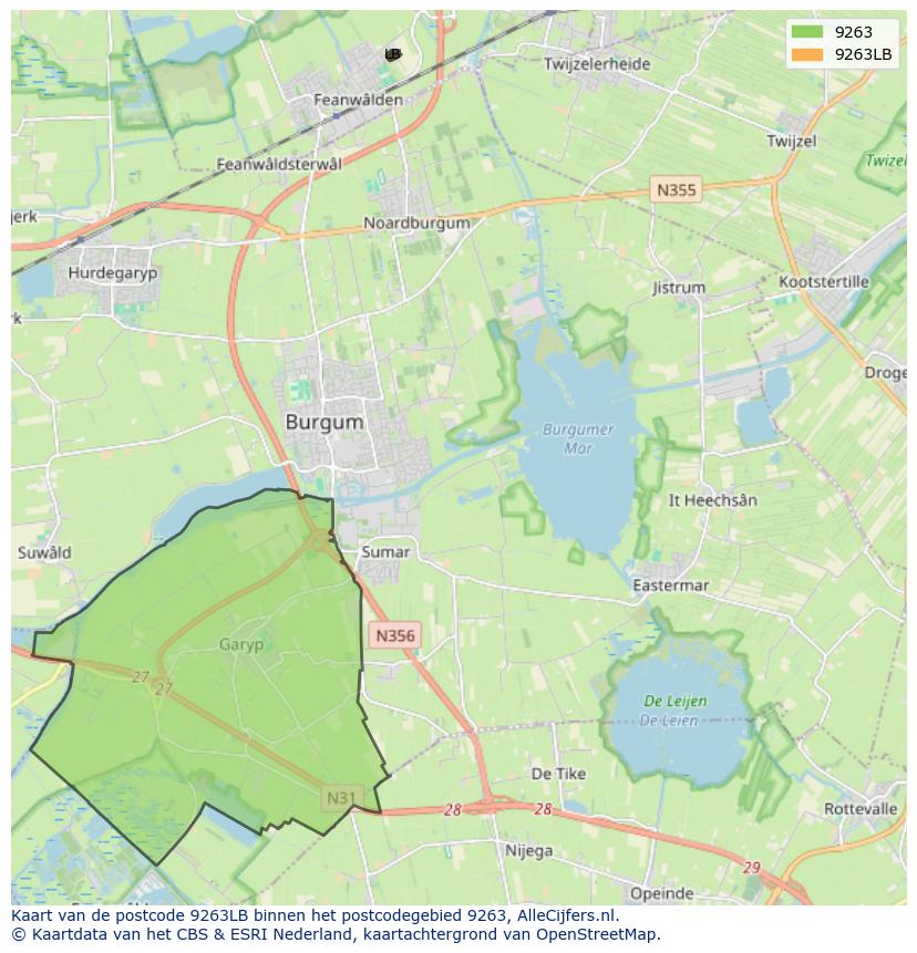 Afbeelding van het postcodegebied 9263 LB op de kaart.