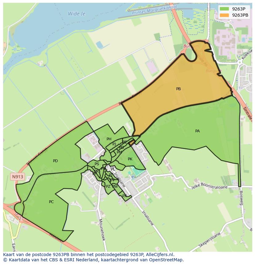 Afbeelding van het postcodegebied 9263 PB op de kaart.