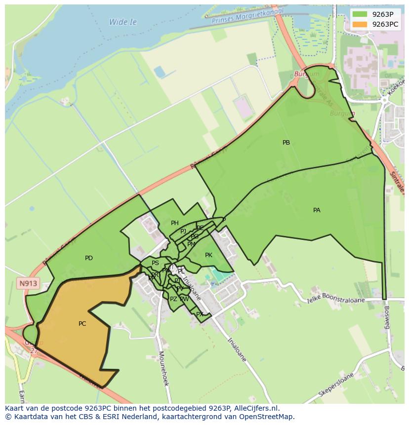 Afbeelding van het postcodegebied 9263 PC op de kaart.