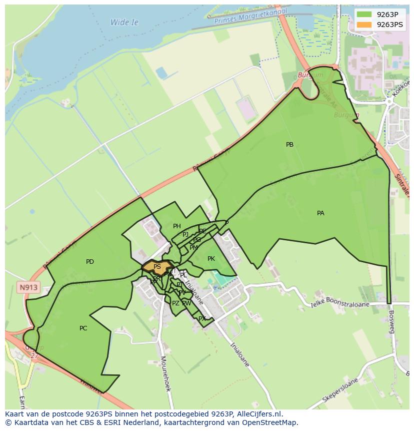Afbeelding van het postcodegebied 9263 PS op de kaart.