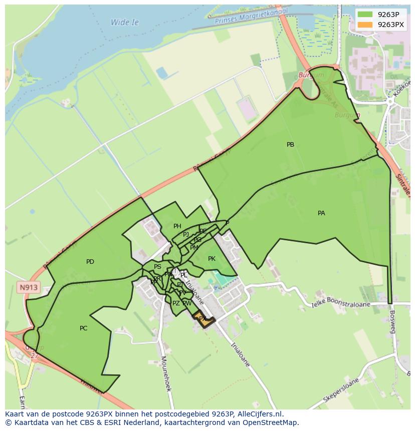 Afbeelding van het postcodegebied 9263 PX op de kaart.