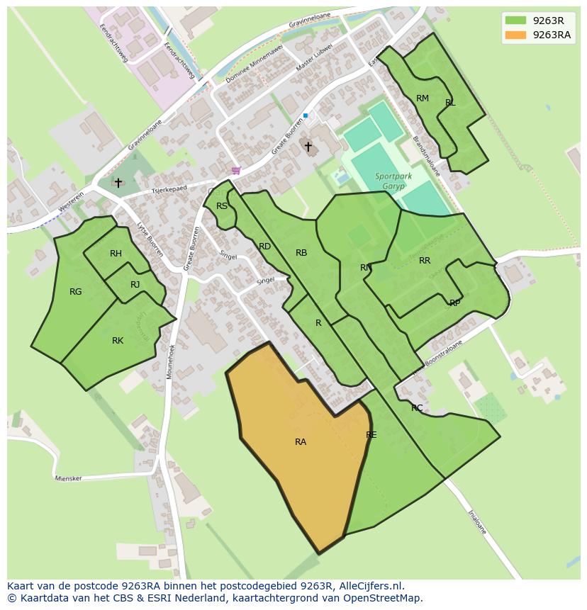 Afbeelding van het postcodegebied 9263 RA op de kaart.