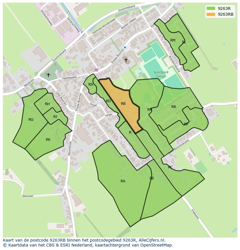 Afbeelding van het postcodegebied 9263 RB op de kaart.