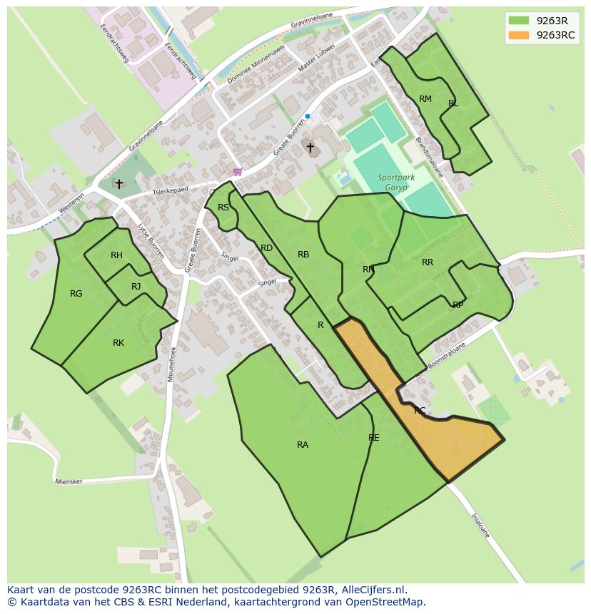 Afbeelding van het postcodegebied 9263 RC op de kaart.