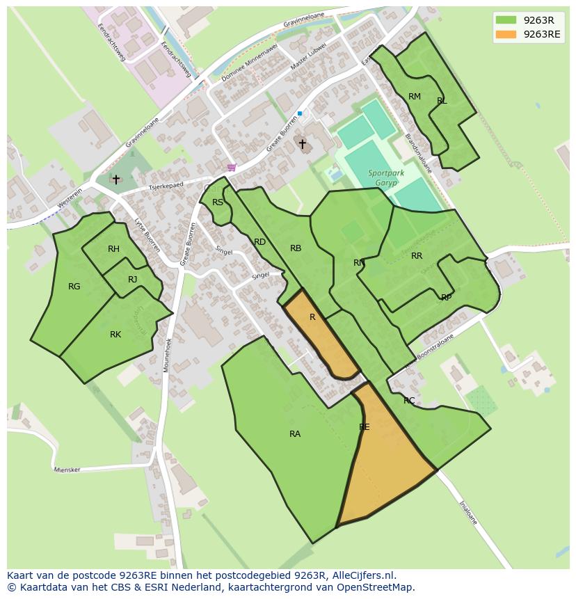 Afbeelding van het postcodegebied 9263 RE op de kaart.