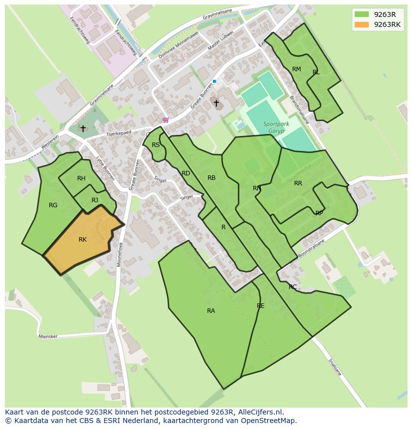 Afbeelding van het postcodegebied 9263 RK op de kaart.