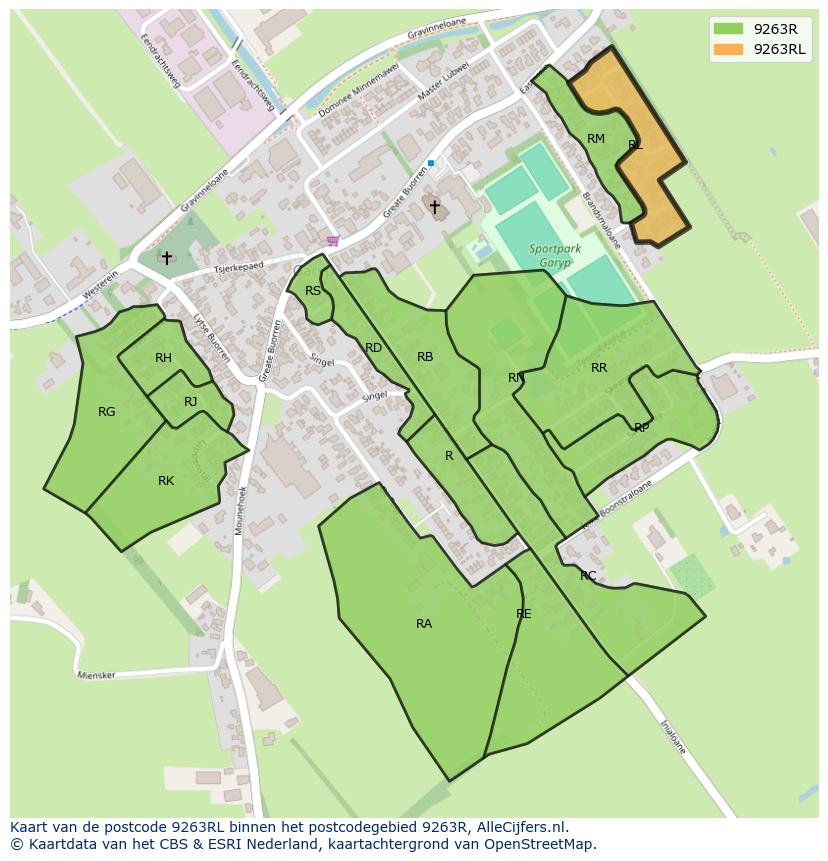 Afbeelding van het postcodegebied 9263 RL op de kaart.