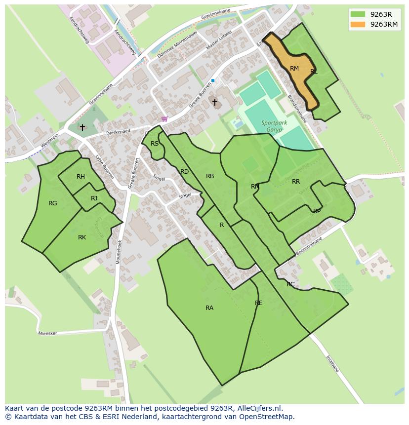 Afbeelding van het postcodegebied 9263 RM op de kaart.