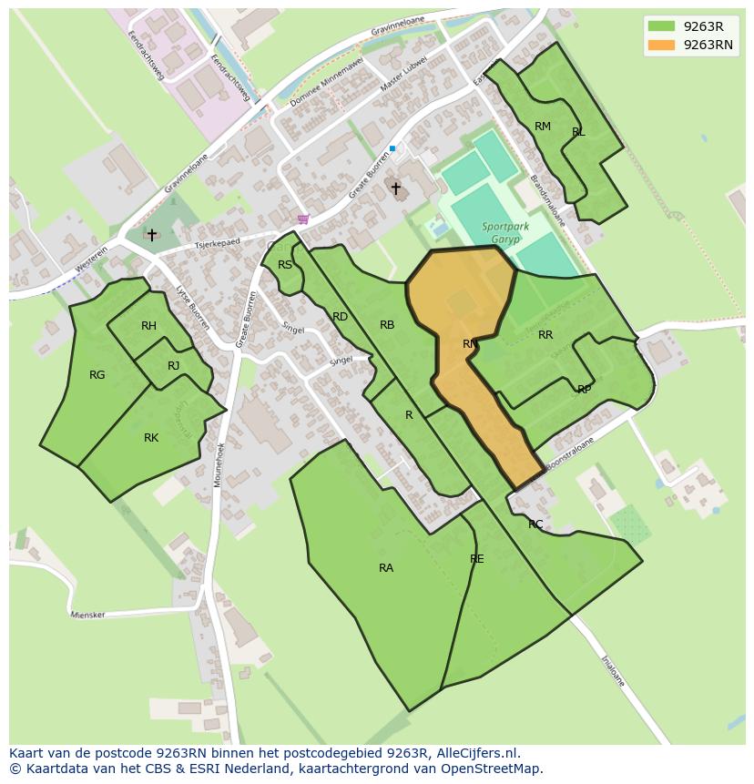 Afbeelding van het postcodegebied 9263 RN op de kaart.