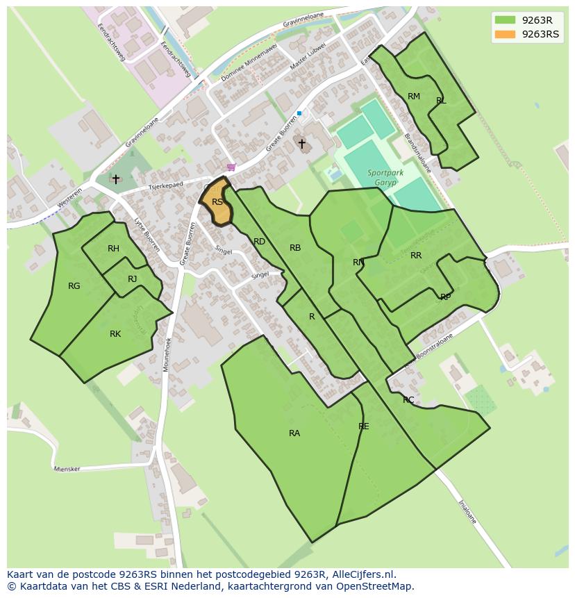 Afbeelding van het postcodegebied 9263 RS op de kaart.