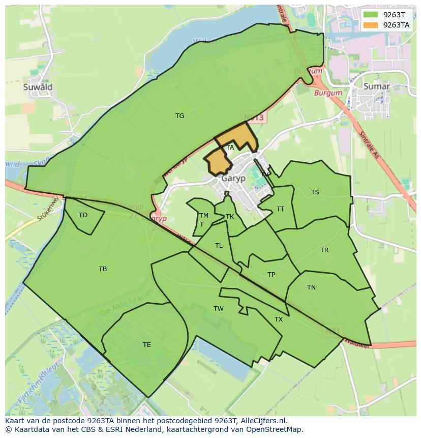 Afbeelding van het postcodegebied 9263 TA op de kaart.