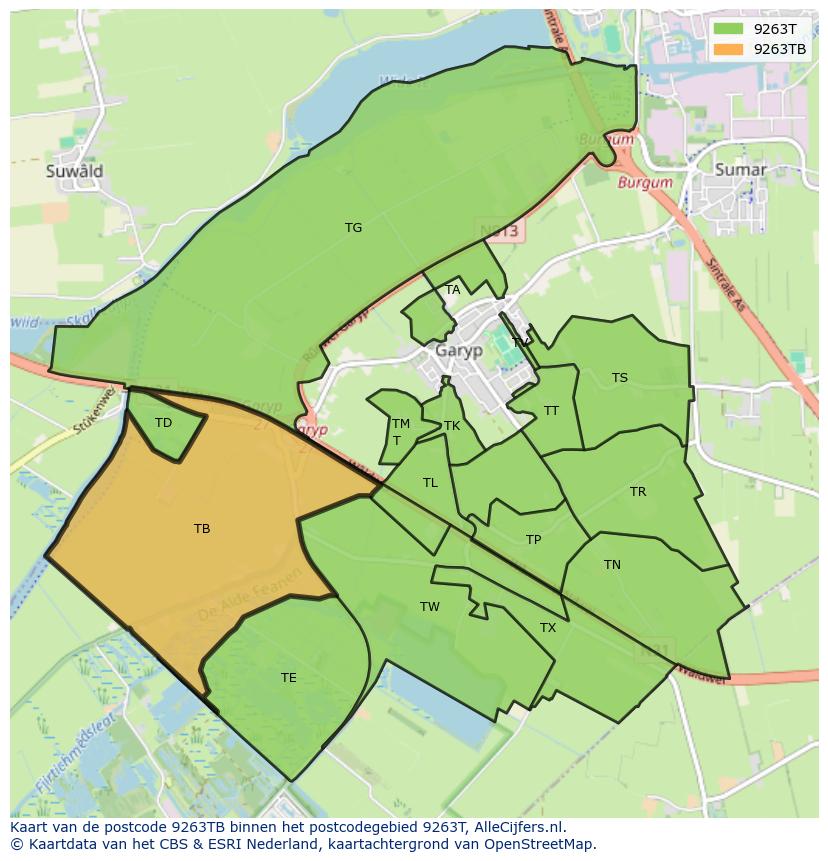 Afbeelding van het postcodegebied 9263 TB op de kaart.