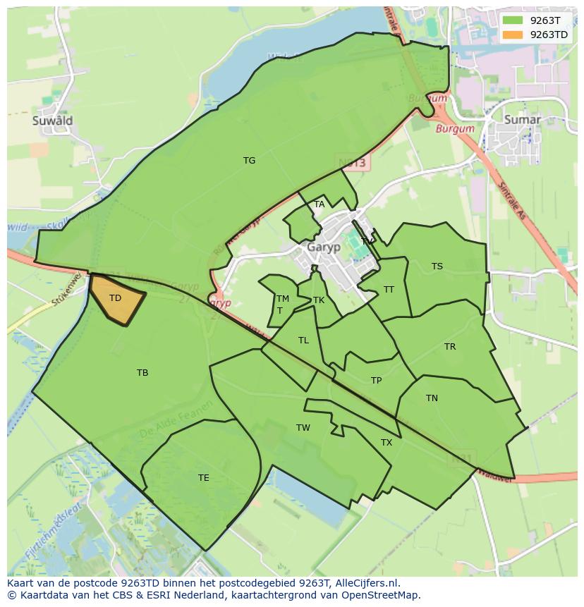 Afbeelding van het postcodegebied 9263 TD op de kaart.