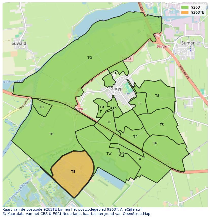 Afbeelding van het postcodegebied 9263 TE op de kaart.