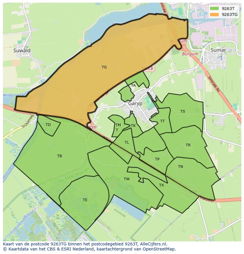 Afbeelding van het postcodegebied 9263 TG op de kaart.