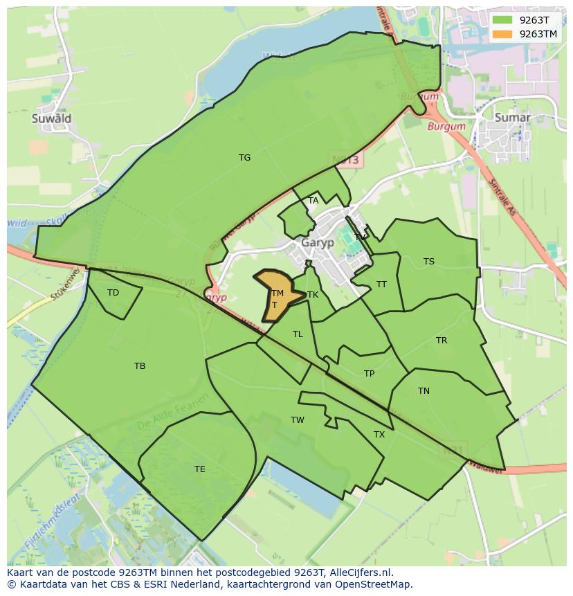 Afbeelding van het postcodegebied 9263 TM op de kaart.