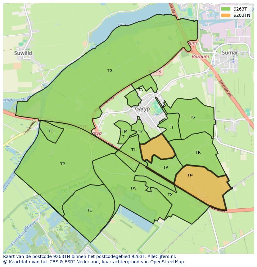 Afbeelding van het postcodegebied 9263 TN op de kaart.