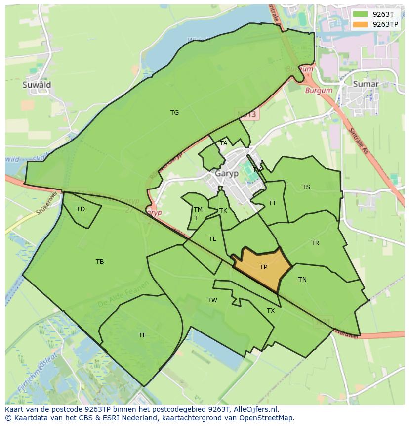 Afbeelding van het postcodegebied 9263 TP op de kaart.