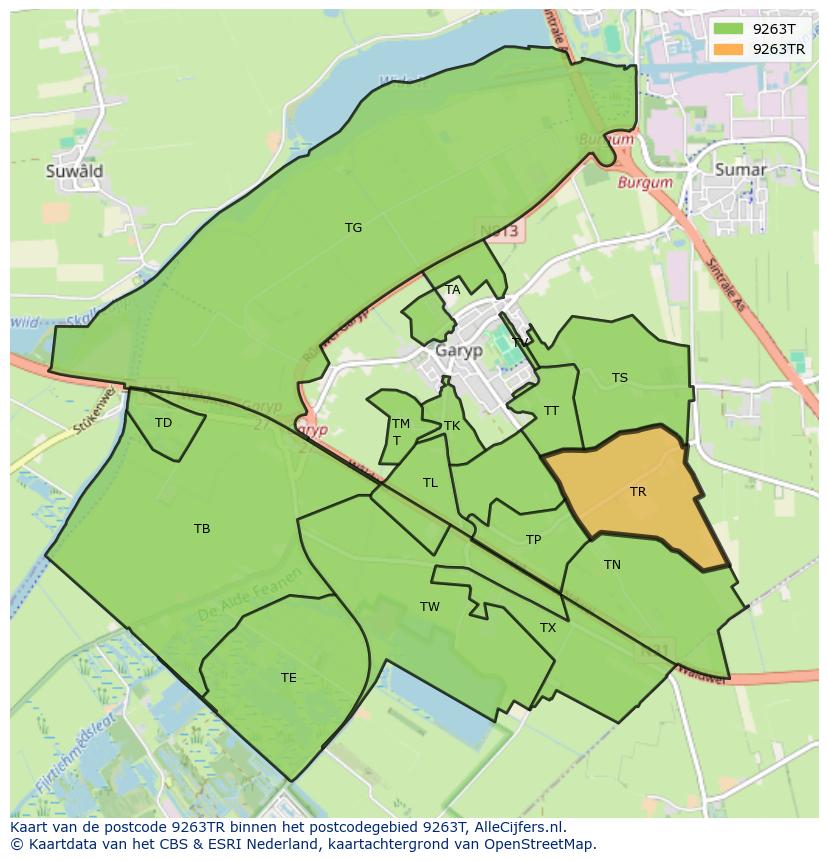 Afbeelding van het postcodegebied 9263 TR op de kaart.