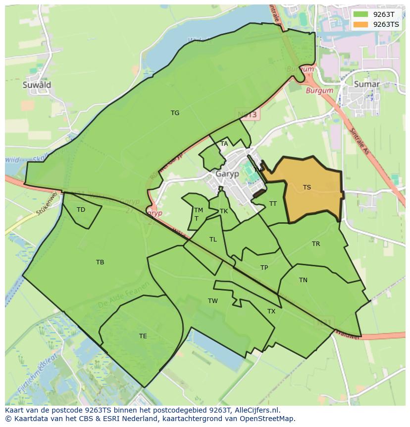 Afbeelding van het postcodegebied 9263 TS op de kaart.