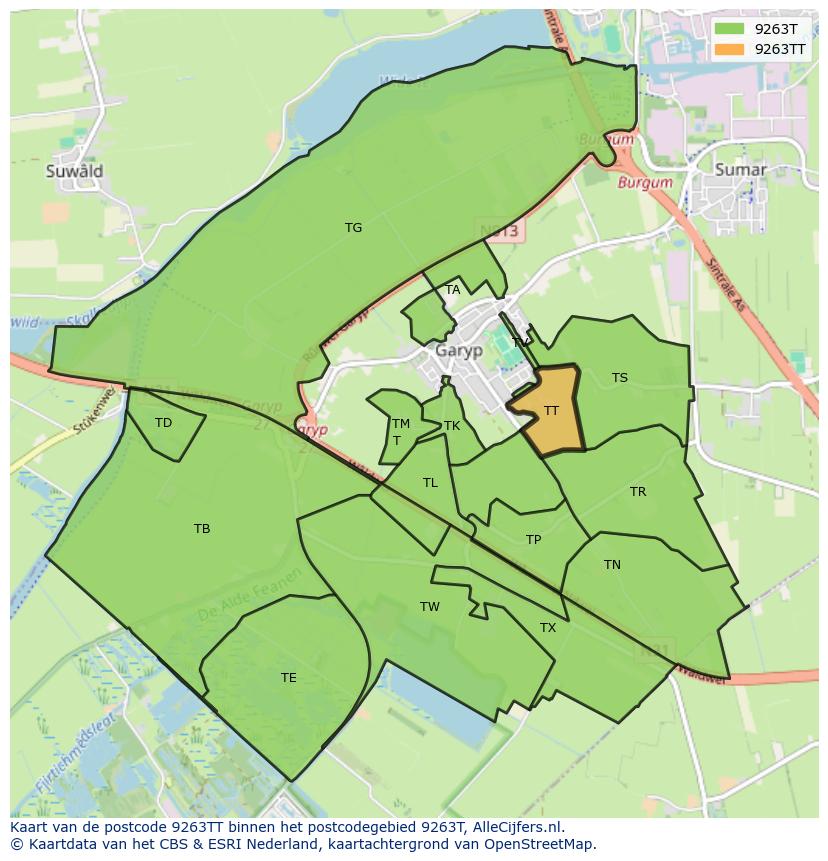 Afbeelding van het postcodegebied 9263 TT op de kaart.