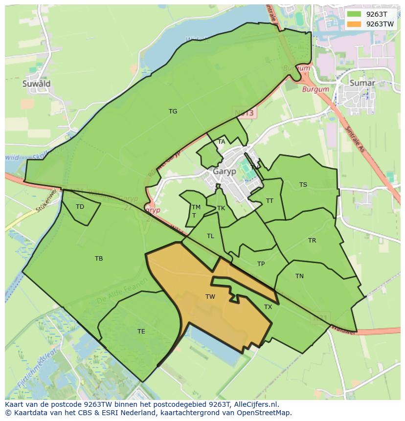 Afbeelding van het postcodegebied 9263 TW op de kaart.