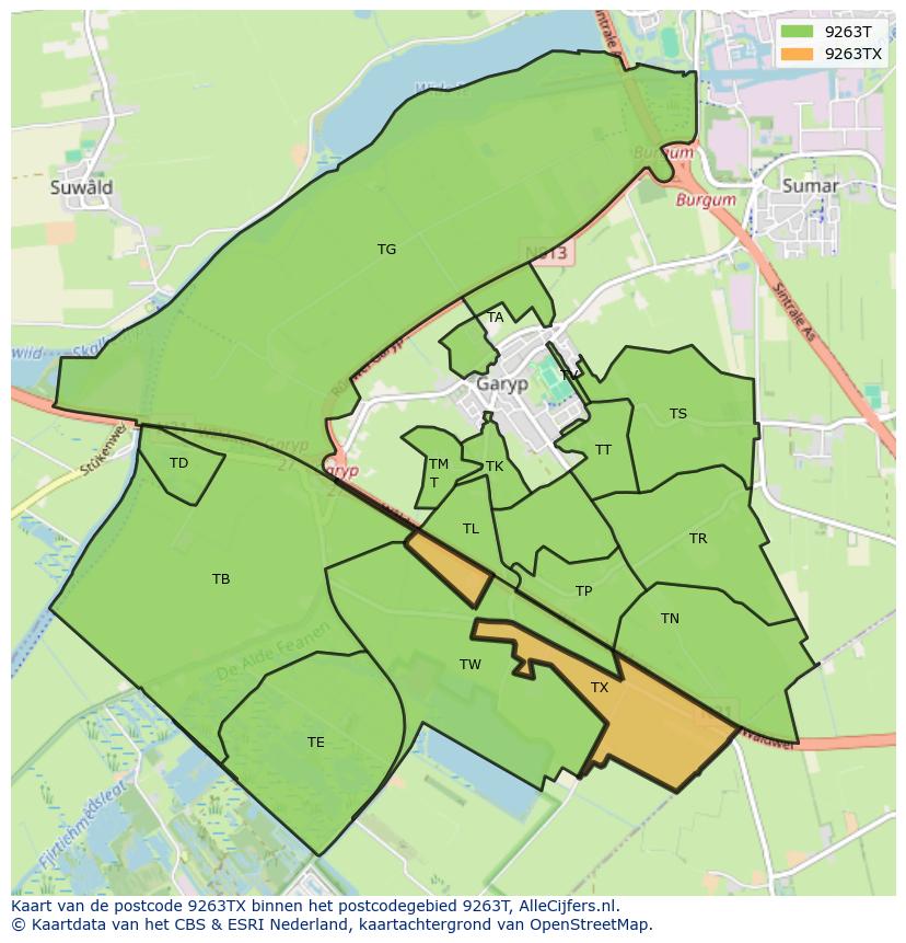 Afbeelding van het postcodegebied 9263 TX op de kaart.