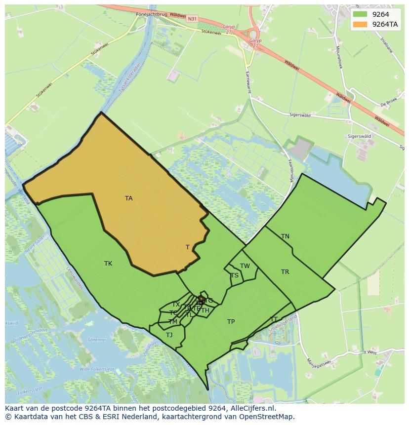 Afbeelding van het postcodegebied 9264 TA op de kaart.