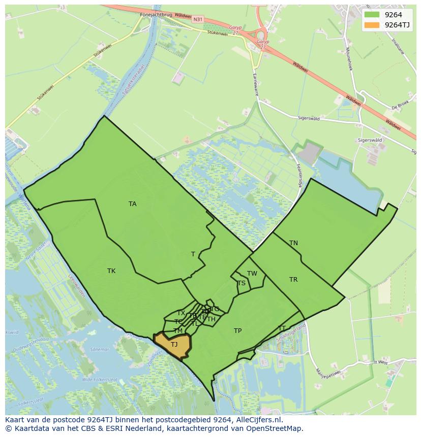 Afbeelding van het postcodegebied 9264 TJ op de kaart.