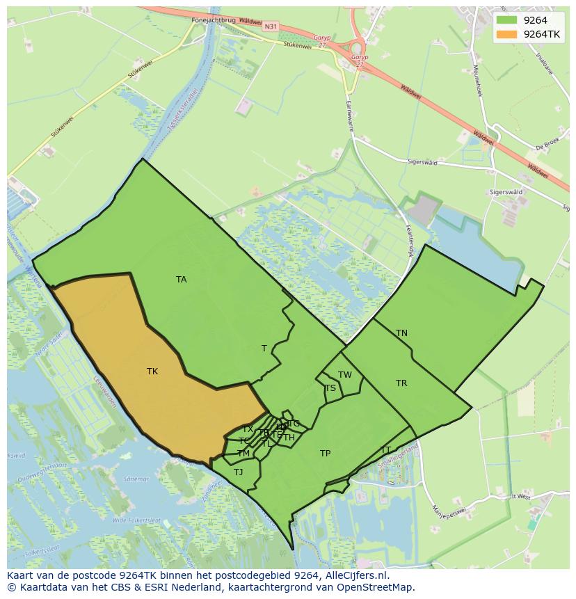 Afbeelding van het postcodegebied 9264 TK op de kaart.