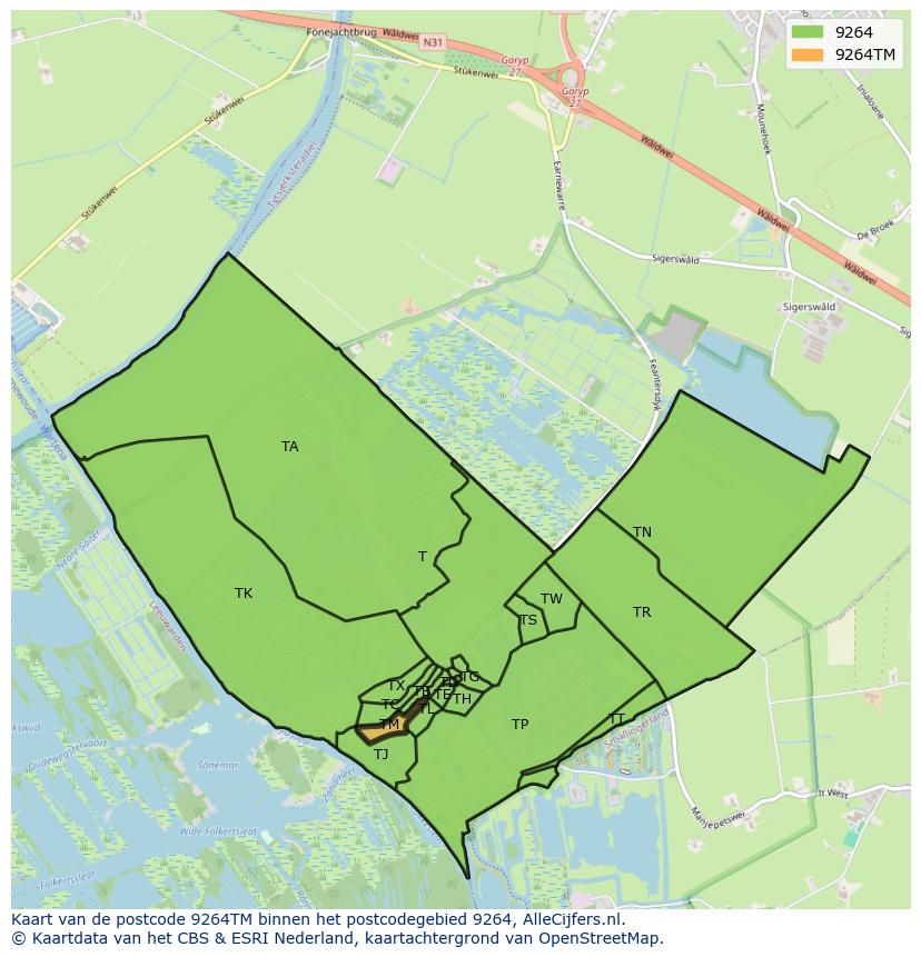 Afbeelding van het postcodegebied 9264 TM op de kaart.