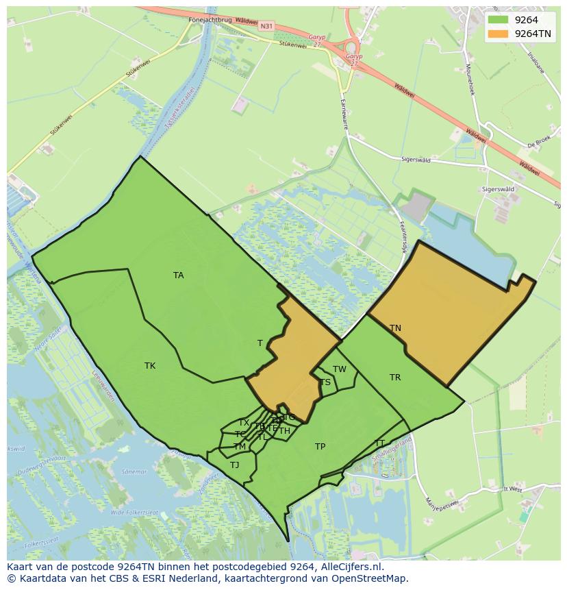 Afbeelding van het postcodegebied 9264 TN op de kaart.