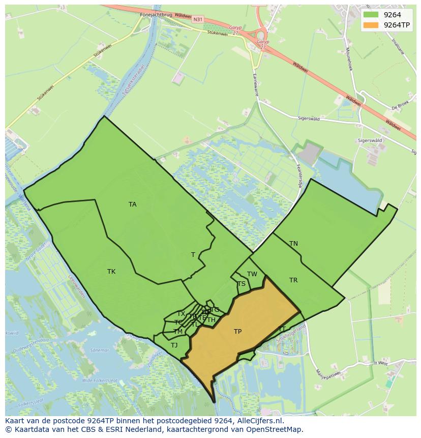 Afbeelding van het postcodegebied 9264 TP op de kaart.