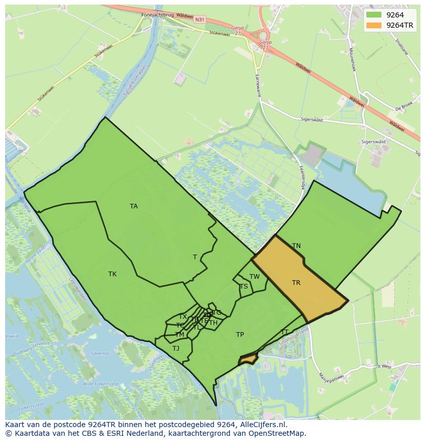 Afbeelding van het postcodegebied 9264 TR op de kaart.