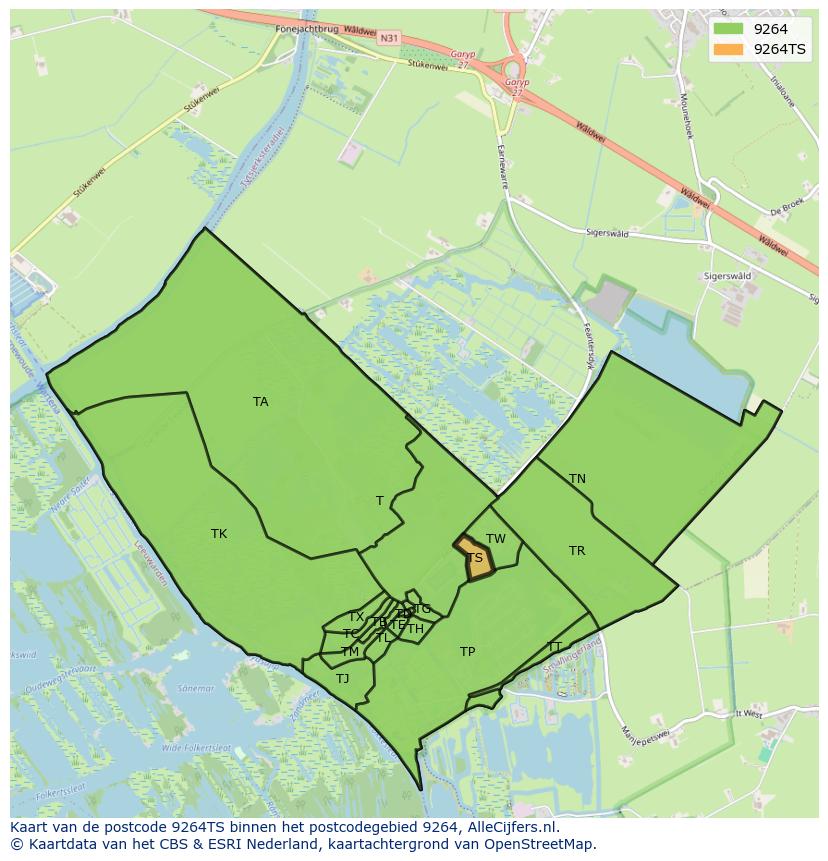 Afbeelding van het postcodegebied 9264 TS op de kaart.
