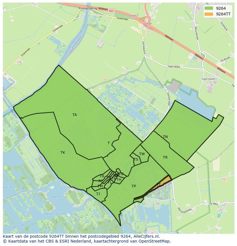 Afbeelding van het postcodegebied 9264 TT op de kaart.