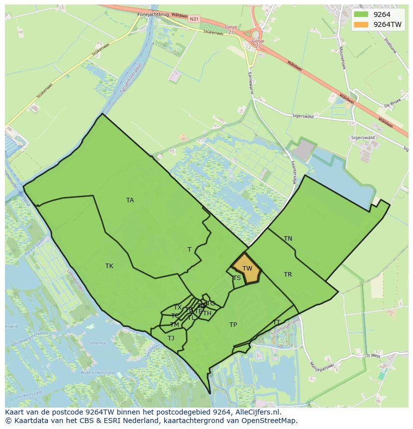 Afbeelding van het postcodegebied 9264 TW op de kaart.