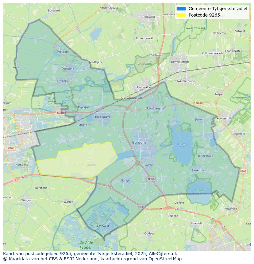 Afbeelding van het postcodegebied 9265 op de kaart.