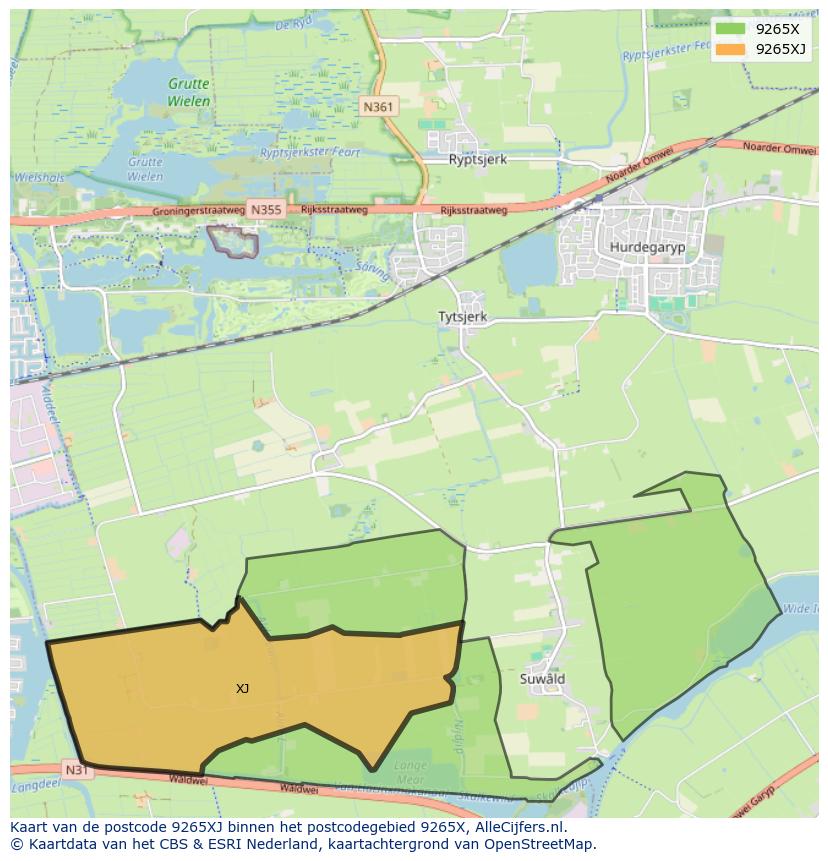 Afbeelding van het postcodegebied 9265 XJ op de kaart.