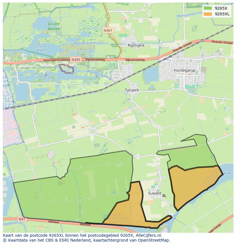 Afbeelding van het postcodegebied 9265 XL op de kaart.