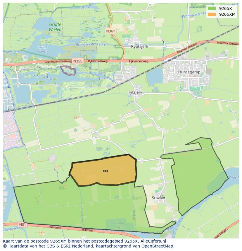 Afbeelding van het postcodegebied 9265 XM op de kaart.